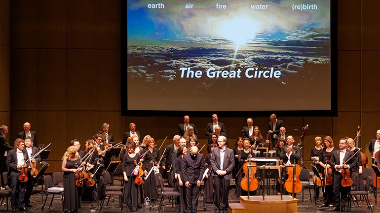New West Symphony guest conductor Ankush Kumar Bahl and BMI multi-award-winning composer Jeff Beal take a bow to the thunderous applause from the sold out crowd at the end of his piece “The Great Circle.”