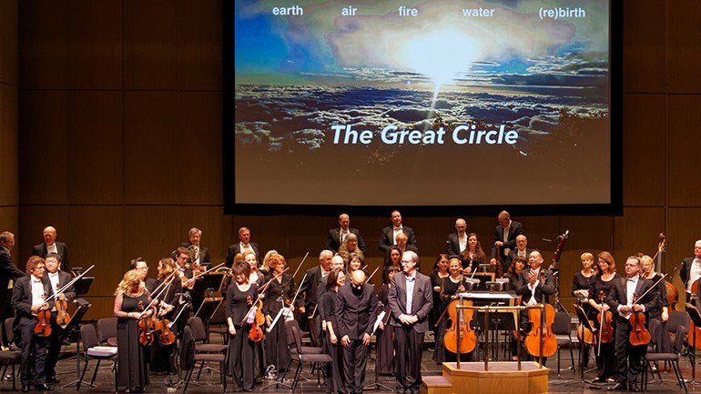 New West Symphony guest conductor Ankush Kumar Bahl and BMI multi-award-winning composer Jeff Beal take a bow to the thunderous applause from the sold out crowd at the end of his piece “The Great Circle.”