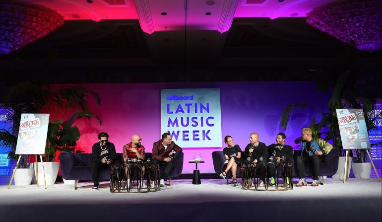 Pictured (L-R) BMI’s signature panel “How I Wrote That Song” featured top Latin urban producers Young Martino, Haze, Talento Uno Music’sGustavo Lopez, BMI’s Delia Orjuela, Tainy, Nely and Luny, during Billboard Latin Music Week at the Venetian Hotel in Las Vegas on April 24.