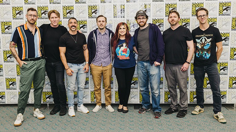 “The Character of Music” panelists gather for a photo during Comic-Con 2019. Pictured (L to R) are: co-moderator Chandler Poling (White Bear PR), BMI composer Tyler Bates (John Wick franchise), director Michael Schwandt, video game director Matt Nava (“Abzu”), co-moderator Anne Cecere (BMI), two-time BAFTA-winning composer Austin Wintory (“Journey”), showrunner Aaron Ehasz (“The Dragon Prince”), and Emmy-winning BMI composer Frederik Wiedmann. 