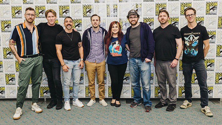 “The Character of Music” panelists gather for a photo during Comic-Con 2019. Pictured (L to R) are: co-moderator Chandler Poling (White Bear PR), BMI composer Tyler Bates (John Wick franchise), director Michael Schwandt, video game director Matt Nava (“Abzu”), co-moderator Anne Cecere (BMI), two-time BAFTA-winning composer Austin Wintory (“Journey”), showrunner Aaron Ehasz (“The Dragon Prince”), and Emmy-winning BMI composer Frederik Wiedmann.
