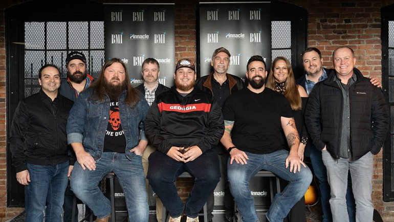 Pictured (L-R backrow): Big Machine’s Mike Molinar, 50 Egg’s Jonathan Singleton, Warner Chappell’s Ben Vaughn, Little Extra Music’s Joe Scaife and Lisa Ramsey-Perkins, BMI’s Mason Hunter and Sony Music Nashville’s Shane Allen. (L-R seated): BMI Songwriters Channing Wilson, Luke Combs, and Rob Snyder.