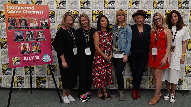 The all-female panel of Hollywood Game Changers gathers for a photo.