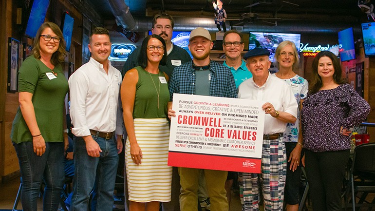 Pictured (L-R) before Tyler Braden’s performance are: The Cromwell Group’s GM Owensboro, KY, Taunya Iverson; The Cromwell Group’s GM Decatur, IL, Tom Cantwell; The Cromwell Group’s GM Mattoon, IL, Luci Englum; The Cromwell Group’s GM Todd Stapleton; BMI singer-songwriter Tyler Braden; Nashville Media Consultant Dennis Gwaizdon; The Cromwell Group’s President Bud Walters; The Cromwell Group’s GM Effingham, IL, Shelia Myers; and BMI’s Jessica Frost.