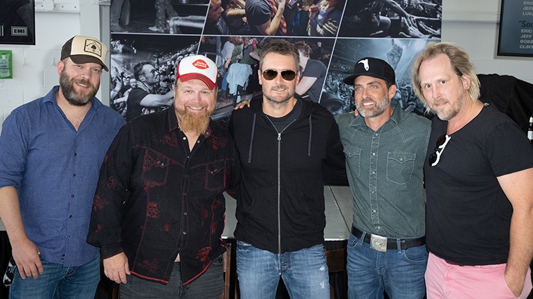 BMI songwriters Jeff Hyde, Bobby Pinson, Eric Church, Clint Daniels and Luke Dick pose for a photo at their Number One celebration.