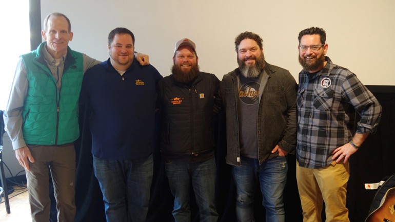 Pictured (L-R) before Dave Fenley’s performance at the Kentucky Guild of Brewers Education Conference in Covington are: BMI’s Dan Spears, Braxton Brewing co-founder and CEO Jake Rouse, Country Boy Brewing co-owner/Brand Manager and Kentucky Guild of Brewers Board Member Daniel “DH” Harrison, BMI songwriter Dave Fenley and Kentucky Guild of Brewers Executive Director Derek Selznick.