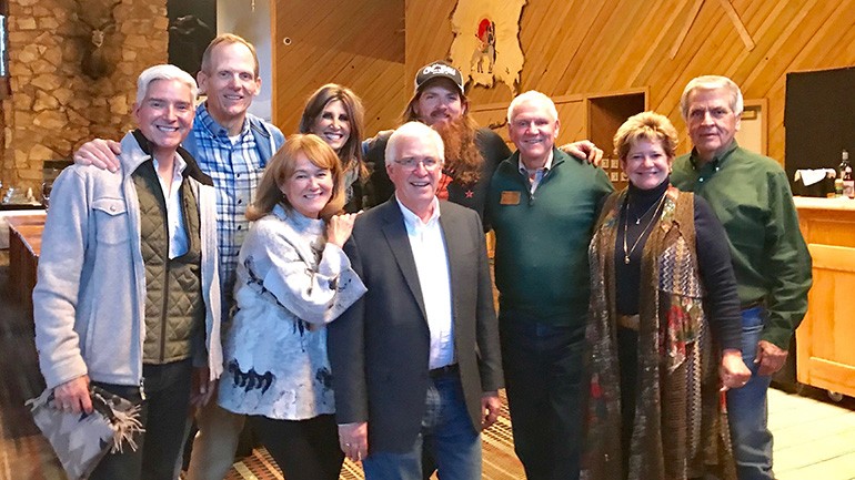 Pictured (L-R) after BMI songwriter Tim Montana’s performance at the Montana Broadcasters Association’s Annual Convention in Big Sky are: Texas Association of Broadcasters President and CEO Oscar Rodriguez, BMI’s Dan Spears, National Association of Broadcasters Senior VP Sue Keenom, North Dakota Association of Broadcasters Executive Director Beth Helfrich, Montana Broadcasters Association President and CEO Dewey Bruce, BMI songwriter Tim Montana, Georgia Association of Broadcasters President Bob Houghton, Louisiana Association of Broadcasters President and CEO Polly Prince Johnson, and NAB’s John David.