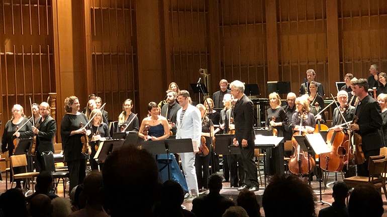 BMI composer Adam Schoenberg onstage with violinist Anne Akiko Meyers, conductor David Lockington and the Pasadena Symphony.
