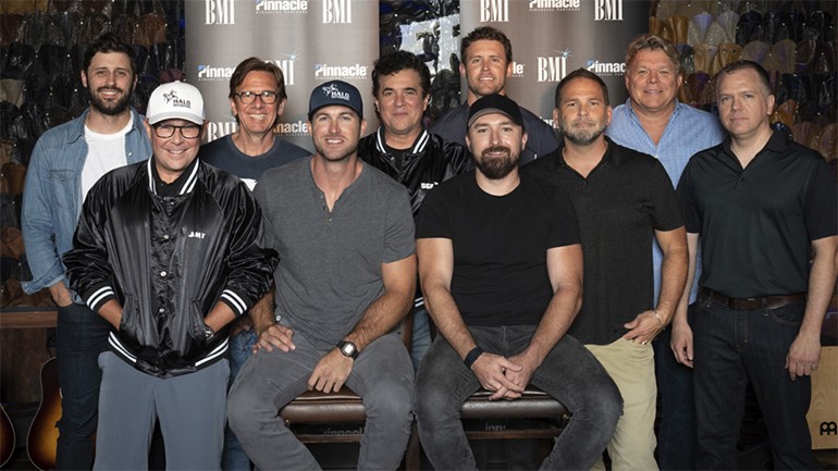 Pictured (L-R Back Row): Fusion Music’s Zach Sutton, Producer Dann Huff, BMLG’s Scott Borchetta, Warner Chappell’s Ryan Beuschel, Peer Music’s Michael Knox, BMI’s David’s Preston and Fusion Music’s Daniel Miller. (Front Row): BMLG Records’ Jimmy Harnen and BMI songwriters Riley Green and Erik Dylan.