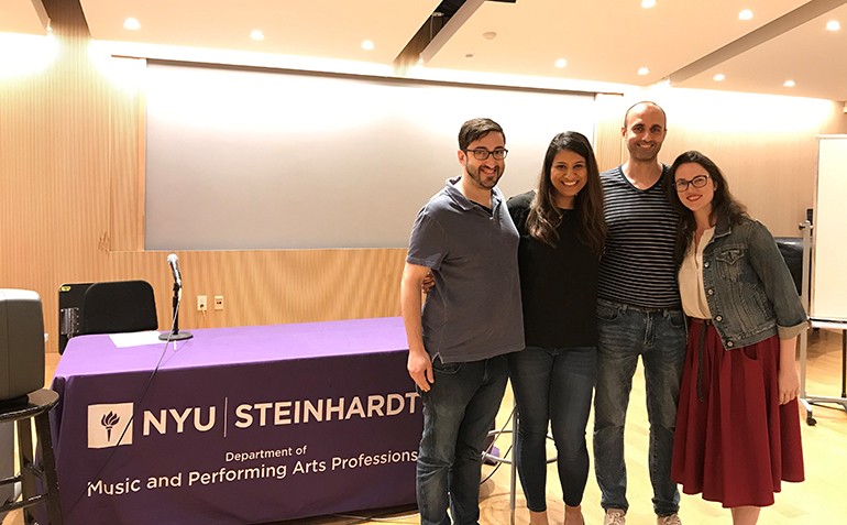 Pictured (L-R) during the BMI/NYU Scoring for Advertising Workshop are: composer Eric Hachikian, BMI’s Reema Iqbal and NYU faculty members Sergi Casanelles and Lillie McDonough.