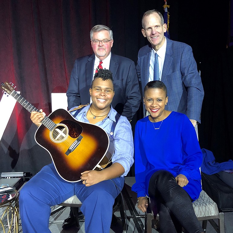 Pictured (L-R) before the Virginia Tourism Summit session on storytelling are: (sitting) BMI songwriter Crys Matthews and Summit MC Kelli Lemon. (Standing): Virginia Restaurant, Lodging & Tourism Association President & CEO Eric Terry and BMI’s Dan Spears.