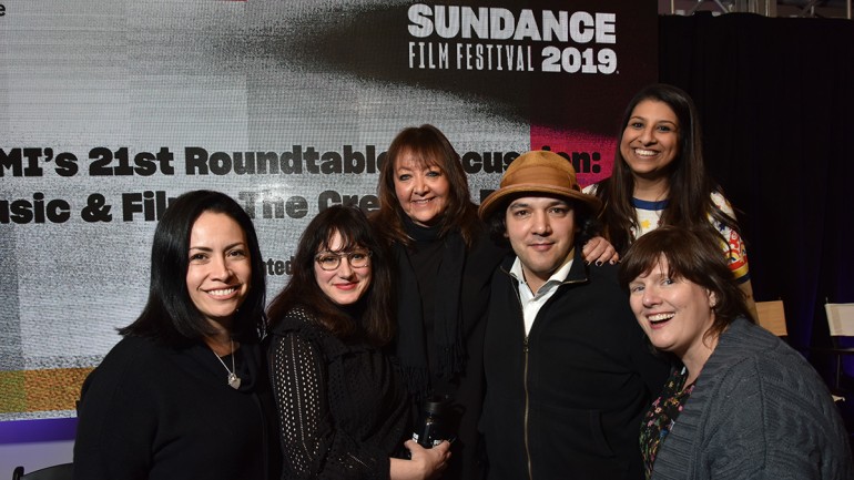 BMI’s Alex Flores poses alongside composer Mandy Hoffman, BMI’s Doreen Ringer-Ross, Enis Rotthoff, BMI’s Reema Iqbal and composer Heather McIntosh at BMI's 21st annual Composer/Director Roundtable during the 2019 Sundance Film Festival.