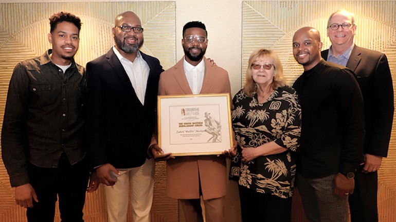 Pictured: BMI’s Cee Barrett, Cheaa Mayfield, Zuberi “@uD!o” Mackson, Songwriters Hall of Fame President & CEO Linda Moran, BMI’s Omar Grant and BMI’s Charlie Feldman