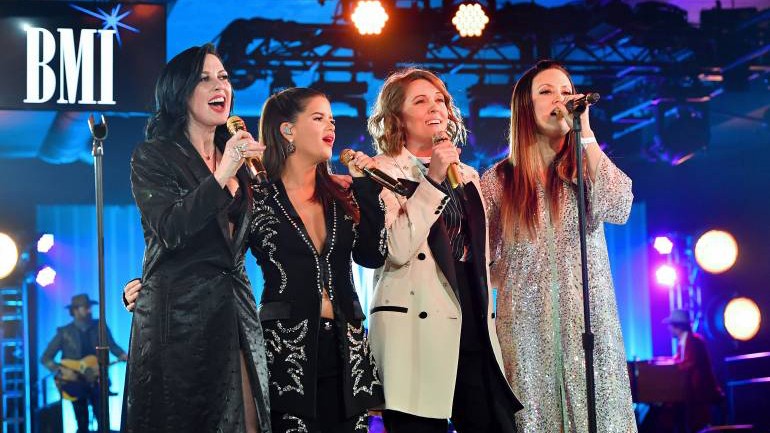 (L-R) Amanda Shires, Maren Morris, Brandi Carlile and Natalie Hemby of The Highwomen perform onstage at 67th Annual Country Awards Dinner at BMI on November 12, 2019 in Nashville, Tennessee. (Photo by Erika Goldring /Getty Images)