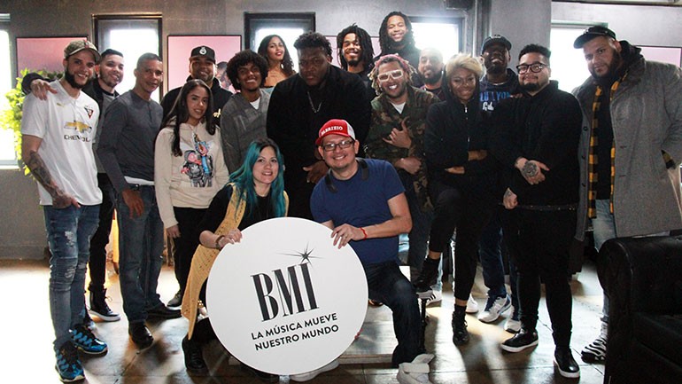 Pictured L-R are BMI’s Mary Russe and VIP Records’ CEO Fabrizio Moreira alongside coveted urban songwriters and producers at the first annual songwriting camp at Quad Studios in New York. 