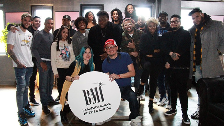 Pictured L-R are BMI’s Mary Russe and VIP Records’ CEO Fabrizio Moreira alongside coveted urban songwriters and producers at the first annual songwriting camp at Quad Studios in New York.