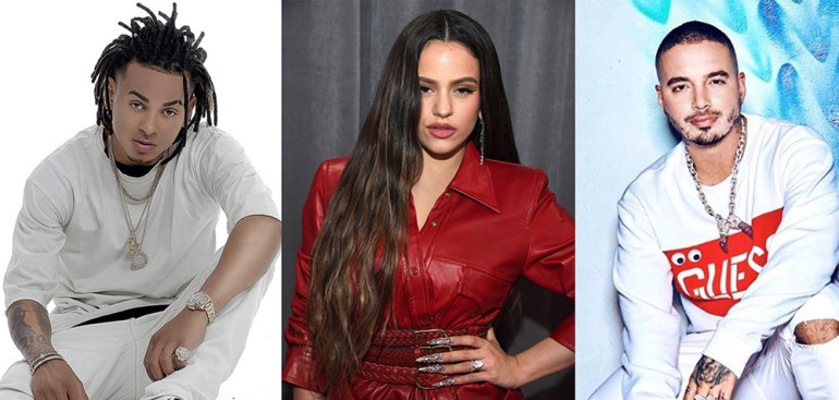 (L-R) Billboard Latin Music Award nominees Ozuna, Rosalía & J Balvin