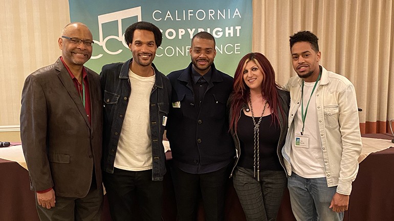 Pictured (L-R) at the California Copyright Conference are: attorney and CCC vice president, Garrett Johnson; KCRW DJ and “When They See Us” music supervisor, Aaron Byrd; Emmy-winning composer Kris Bowers; past president and current board member of the CCC, BMI’s Anne Cecere; and current CCC board member, BMI’s Cee Barrett.