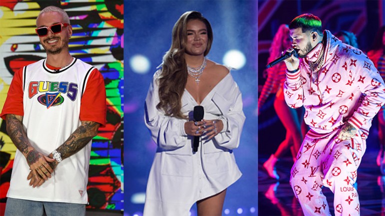 (L-R) J Balvin, Karol G, Anuel AA
