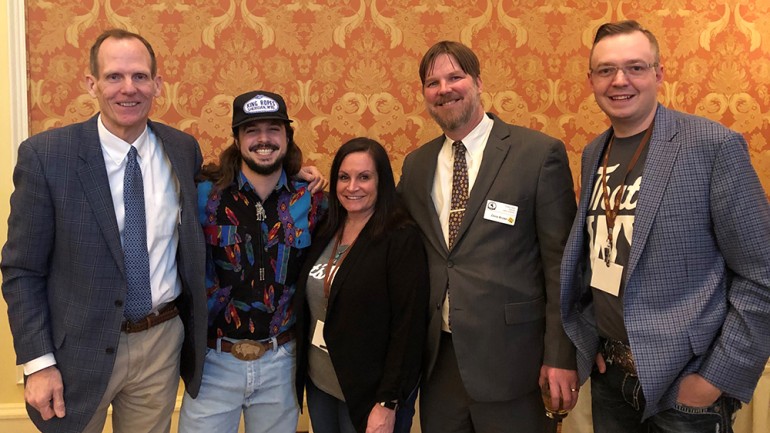 Pictured (L-R) before BMI songwriter Ian Munsick performed at the Wyoming Governor’s Hospitality & Tourism Conference in Cheyenne are: BMI’s Dan Spears, BMI songwriter Ian Munsick, Wyoming Restaurant & Lodging Association Meeting & Events Coordinator Christi Anderson, WRLA Executive Director Chris Brown and WRLA Education Director Tate Bauman.