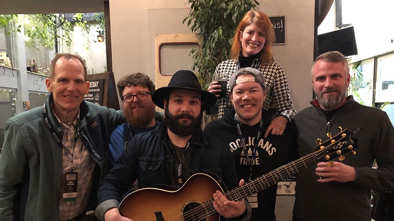 Pictured (L-R) before BMI songwriter Sam James’ performance at Toxic Brew in Dayton are: BMI’s Dan Spears, OCBA Deputy Director Justin Hemminger, BMI songwriter Sam James, OCBA Executive Director Mary MacDonald, Toxic Brew Taproom manager/owner, Travis Gilcher and Toxic Brew owner Shane Juhl.
