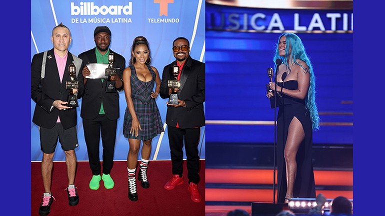Pictured are Billboard Latin Music Award winners Black Eyed Peas and Karol G