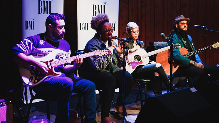 Leonard Martinez, Chief Cleopatra, Giulia Milanta, and Scott Collins perform at the BMI Saxon Songwriter Series.