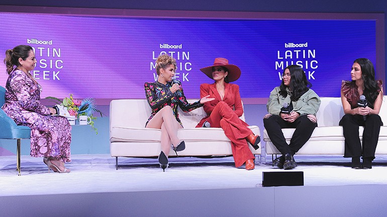 (L-R) BMI’s Teresa Romo, Adriana Ríos, Ana Bárbara, Ivonne Galaz and Lupita Infante during BMI’s “How I Wrote That Song” panel during Billboard Latin Music Week at the Faena Forum in Miami on September 21.