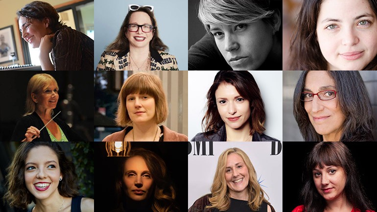 Pictured (L-R) Top Row are BMI composers: Starr Parodi, Laura Karpman, Allyson Newman and Nami Melumad. (L-R) Middle Row: Lolita Ritmanis, Heather McIntosh, Stephanie  Economou and Miriam Cutler. (L-R) Bottom Row: Esin Ozlem Aydingoz, Ariel Marx, Ronit Kirchman and Mandy Hoffman.