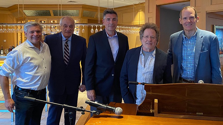 Pictured (L-R) before BMI songwriter Steve Dorff’s performance at the summer meeting of ISHA are: Asian American Hotel Owners Association Interim President & CEO Ken Greene, Massachusetts Lodging Association President & CEO Paul Sacco, American Hotel & Lodging Association President & CEO Chip Rogers, BMI songwriter Steve Dorff and BMI’s Dan Spears.