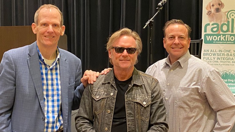 Pictured are BMI’s Dan Spears, BMI songwriter Terry McBride, and Payne Media Group President Will Payne before McBride takes the stage at the 2021 International Idea Bank Spring Conference in Durant, Oklahoma.