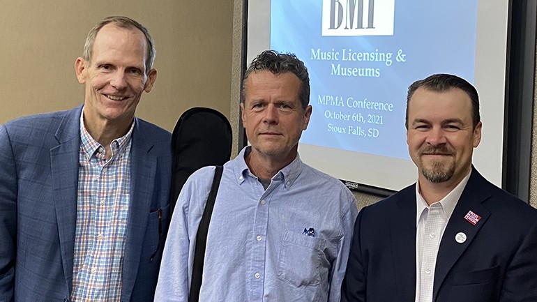Pictured (L-R) after the BMI music licensing session at the 2021 MPMA conference in Sioux Falls are: BMI’s Dan Spears, BMI songwriter Jim McCormick, and MPMA Executive Director Justin Jakovac.