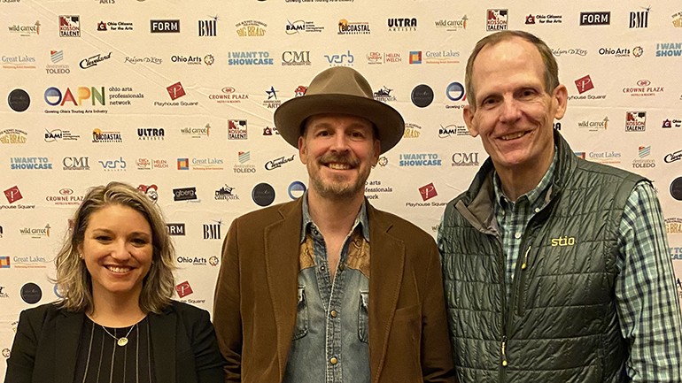 Pictured (L-R) before the BMI panel at the 2021 OAPN conference are OAPN Executive Director Jessica Rosenblatt,  BMI songwriter Jason White and BMI’s Dan Spears.
