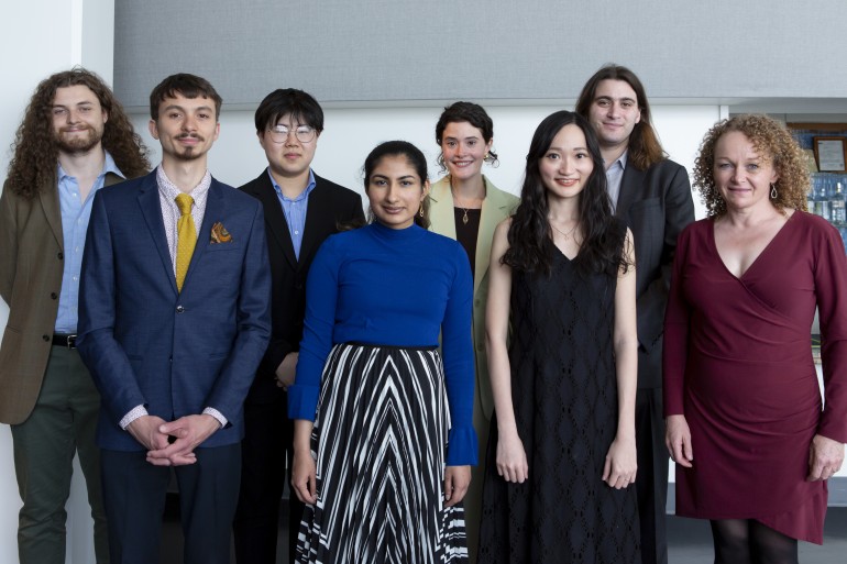 (L-R) BMI’s Student Composer Award winners Alan W. Mackwell, Ábel M.G.E., Sehyeok (Joseph) Park, Nina Shekhar, Kari Watson, Cheng Jin Koh and Oliver Kwapis pose with BMI Foundation President & BMI’s Executive Director- Classical Deirdre Chadwick at Tribeca 360 on May 17, 2022, in New York, NY.