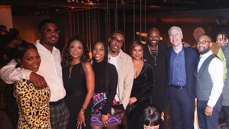 BMI’s Catherine Brewton, Torri Rodney, Sandye Taylor, Christopher Scott-Wallace, Reggie Stewart, Marche Butler, Wardell Malloy, Mike Steinberg and Byron Wright pose together at BMI Atlanta’s annual holiday mixer at Himitsu Lounge in Atlanta on 12/8/2022.
