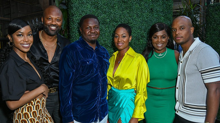 (L-R) BMI’s Associate Director, Creative, Los Angeles Christopher Wallace and AVP, Creative, Los Angeles Wardell Malloy gather with the evening’s honoree D’Mile, Reina Emile, BMI’s VP, Creative, Atlanta Catherine Brewton and Sr. Director, Creative, New York Omar Grant at the BMI Brilliance Dinner at Catch LA in West Hollywood, CA on June 25, 2022.