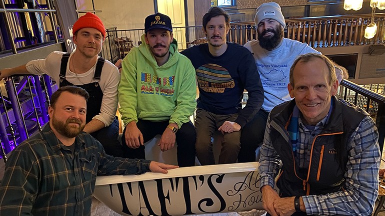Pictured (L-R) before The Brummies hit the stage at the Ohio Craft Brewers Conference kickoff party are: (Back row) The Brummies’ Trevor Davis , Jacob Bryant, John Davidson and Warren Lively. (Front row) Taft Ale House General Manager Ben Kerr and BMI’s Dan Spears.