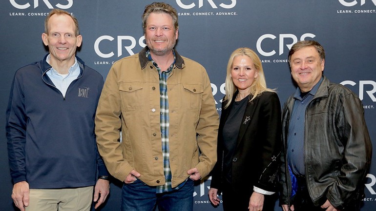 Pictured (L-R) before BMI songwriter Blake Shelton was interviewed at the 2022 Country Radio Seminar are BMI’s Dan Spears, BMI songwriter Blake Shelton, BMI’s Leslie Roberts, and Country Aircheck’s Lon Helton.