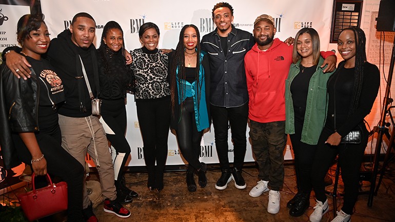 BMI executives gather with DOE and Jonathan McReynolds (center) at Black Coffee Atlanta on February 16, 2022, to celebrate the release of the Gospel singer/songwriters’ full-length debut, <em>Clarity</em>. [L-R: Shaurice Flowers, Reggie Stewart, Sandye Taylor (BMI’s Chief DE&I Officer), Catherine Brewton (BMI’s VP Creative-Atlanta), DOE, Jonathan McReynolds, Byron Wright (BMI’s Executive Director, Creative- Atlanta), Marche Butler and Christopher Scott-Wallace.]