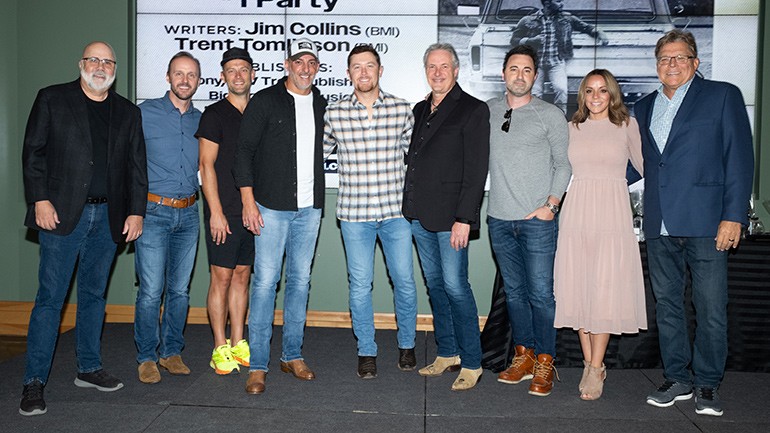 Pictured (L-R): Kevin Herring (Triple Tigers), Rusty Gaston (SONY ATV), Producer Aaron Eshuis, BMI songwriter Trent Tomlinson, Scotty McCreery, BMI songwriter Jim Collins, Producer Derek Wells, Brooke Burrows (Mucho Love Publishing), BMI’s David Preston. Photo: Steve Lowry for BMI