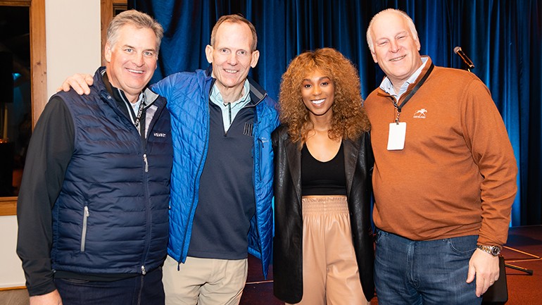 Pictured (L-R) before BMI songwriter Tiera Kennedy hits the stage at the 2022 Hearst Television Executive Management Meeting are: Hearst Television COO Mike Hayes, BMI’s Dan Spears, BMI songwriter Tiera Kennedy and Hearst Television President Jordan Wertlieb.