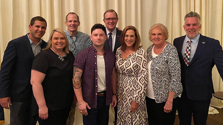 Pictured (L-R) before BMI songwriter Tyler James Bellinger hits the stage at the 2022 ISHA Summer Conference in Philadelphia are Illinois Hotel & Lodging Association CEO Michael Jacobson, Rhode Island Hospitality Association COO Heather Singleton, BMI’s Dan Spears, BMI songwriter Tyler James Bellinger, Pennsylvania Restaurant & Lodging Association CEO John Longstreet, North Carolina Restaurant & Lodging Association CEO and ISHA Board Chair Lynn Minges, Florida Restaurant & Lodging Association Director of Membership Dannette Lynch and Pennsylvania Restaurant & Lodging Association Senior Director of Operations and Conference Host Ben Fileccia.