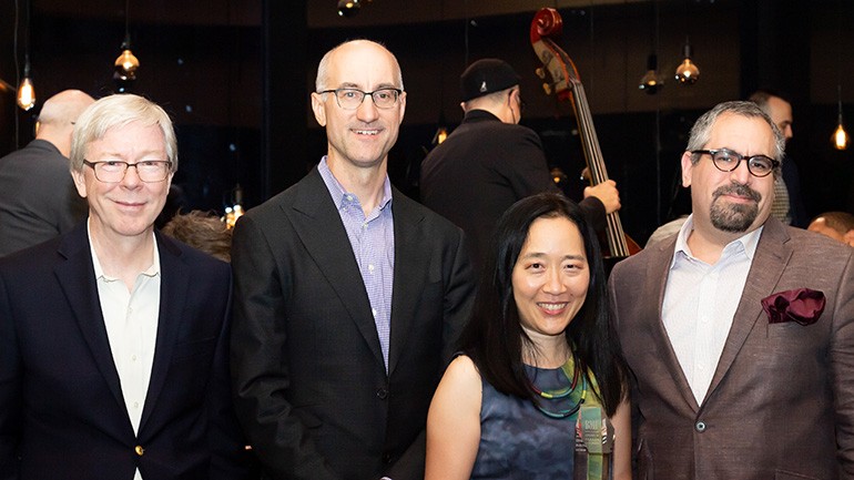 BMI’s Senior Director of Jazz and Musical Theatre Patrick Cook gathers for a photo with Associate Musical Director Alan Ferber, prize winner Helen Sung, and Musical Director Andy Farber at the 33rd Annual BMI Jazz Composers Workshop Summer Showcase at Dizzy’s in New York City.