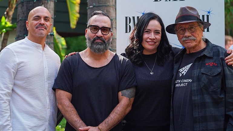 (L-R) Rafael Agustín, BMI’s Jesus Gonzalez and Alex Flores, and co-founder of LALIFF Edward James Olmos at BMI’s “Hora Feliz” event during the Los Angeles Latino International Film Festival (LALIFF) on June 2, 2022, at The Hollywood Roosevelt hotel in Los Angeles, CA.