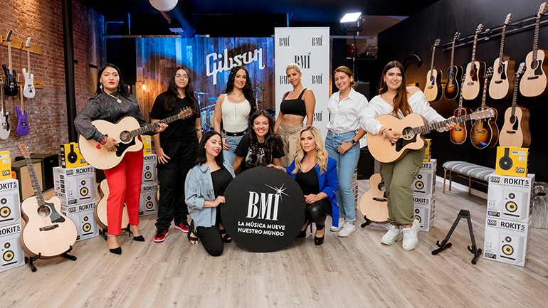 (L-R) “El Camp: Las Compositoras” participants (top) Lili Zetina, Ivonne Galaz, Victoria La Mala, Adriana RÍos, Angelica Gallegos, Silvana de Cajiao, (bottom) Nancy Sánchez, Lupita Infante and Erika Virdrio gather for a photo during the 3-day song camp in Los Angeles.