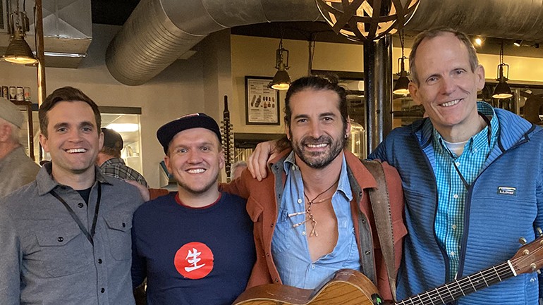 Prior to taking the stage at the New England Brew Summit After Party (l to r): Maine Brewers Guild Executive Director Sean Sullivan, Liquid Riot Bottling Company General Manager Cody Sutton, BMI songwriter Adam Ezra, BMI’s Dan Spears.