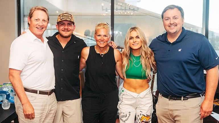 Pictured (L-R) at BMI’s Rooftop on the Row are BMI’s Clay Bradley, Drew Parker, BMI’s Leslie Roberts, Alana Springsteen, and BMI’s Mason Hunter.