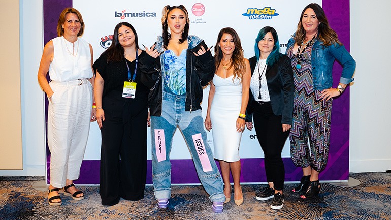(L-R) Patricia Rivera MacMurray, Paola Solís, Mariah Angeliq, Yira Santiago, BMI’s Mary Russe and Bianca Alarcon gather for a photo before BMI’s Power Women en la Música Urbana panel during the Tu Música Urban Conference in Puerto Rico.