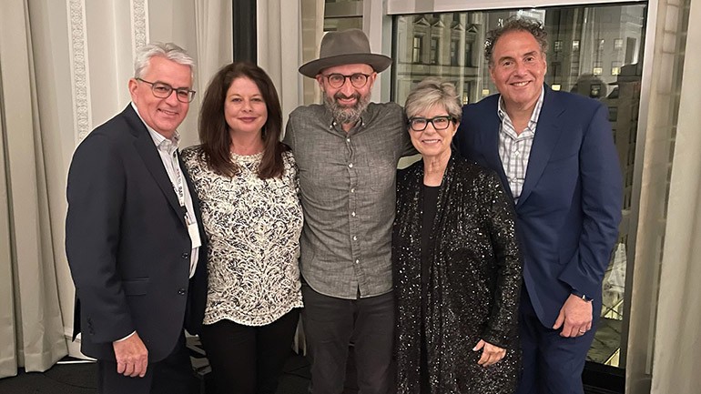 Photographed before Seth took the stage (L-R) RAB Board Chair & Neuhoff Communications CEO Mike Hulvey, BMI’s Jessica Frost, BMI Singer-Songwriter Seth Walker, RAB President & CEO Erica Farber, and RAB Board Vice-Chair & CEO Connoisseur Media Jeff Warshaw.
