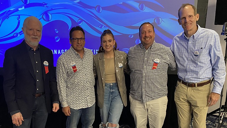 Pictured (L-R) before BMI songwriter Riley Clemmons hit the stage at the 2022 Salem Media General Managers Meeting are Salem Media Founder and Executive Chairman Ed Atsinger, Salem Media CEO Dave Santrella, BMI songwriter Riley Clemmons, Salem Media Vice President of Programming Mike Blakemore, and BMI’s Dan Spears.